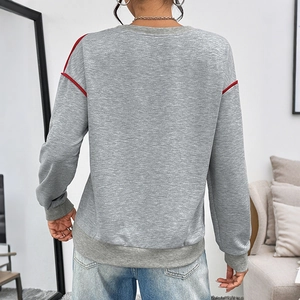 Grey long sleeve sweatshirt for women with red contrast stitching on shoulders and back view