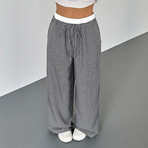 Damen High Waist Gestreifte Hose Mit Weitem Bein Kordelzug Lockere Hose Weiche Atmungsaktive Vertikale Streifen Casual Bottoms