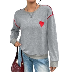 Women's grey sweatshirt with heart embroidery and red contrast piping on long sleeves