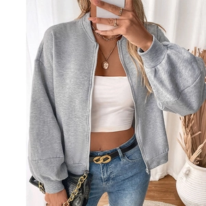 Grey zip-up fleece sweatshirt with drop shoulder design and ribbed cuffs for women