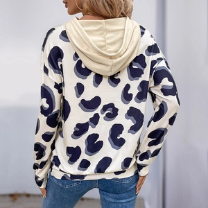 Women's leopard print patchwork hoodie in cream white with casual drop shoulder design