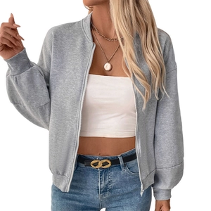 Women's light grey zip-up fleece sweatshirt with drop shoulder and high collar design