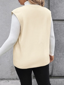 Rear view of a beige polar fleece vest for women featuring a loose fit and round neck