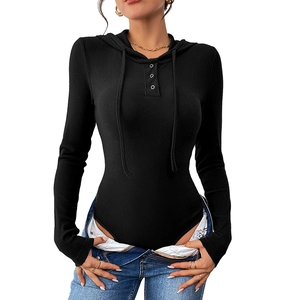 Slim fit black ribbed knit hooded bodysuit with long sleeves and buttoned neckline