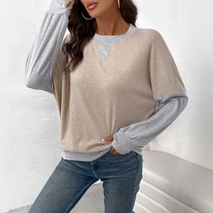 Women's casual loose crewneck sweatshirt with beige and grey colorblock patchwork