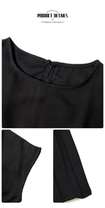 Detail view of round neckline with button closure and neat sleeve stitching on black dress