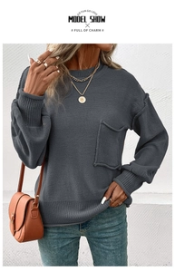 Close-up of grey knit sweater showing chest pocket detail and wide ribbed cuffs