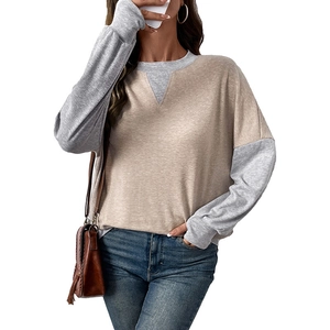 Women's casual long sleeve color block sweatshirt in khaki and grey with round neckline