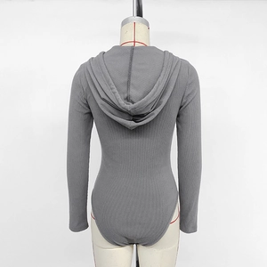Gray long sleeve hooded bodysuit in ribbed knit fabric with high-cut back view
