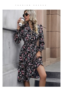 Detail view of V-neck floral dress with elastic waist and button-down bodice