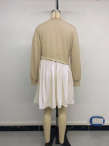 Back view of a casual long-sleeve patchwork dress with an asymmetrical khaki knit top