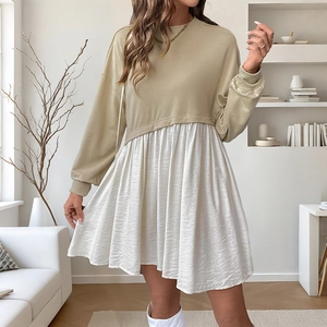 Women Casual Spliced Fake Two-Piece Dress Crew Neck Long Sleeve Color Block Loose Pleated Viscose Mini Dress