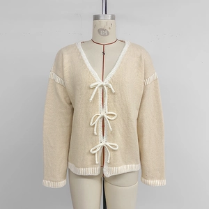 Women's V-Neck Knitted Cardigan Sweet Bow Tie Closure Contrast Ribbed Trim Long Sleeve Sweater Outerwear Khaki