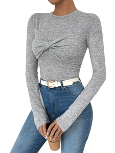 Slim fit long sleeve grey knit t-shirt with elegant twist knot front and round neckline