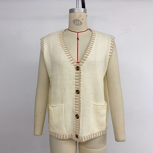 Women Vintage Contrast Stripe Knit Vest V Neck Sleeveless Button Down Cardigan Sweater Waistcoat With Pockets Casual Top