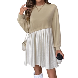 Women's long sleeve color-block dress with khaki knit top and white pleated skirt