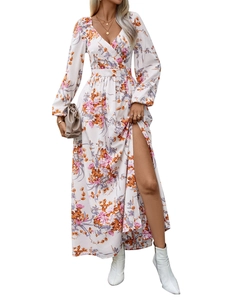 Elegant long sleeve V-neck floral dress in cream with high waist and high side slit