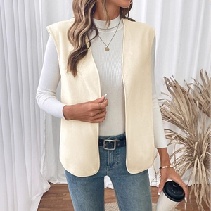 Women's casual polar fleece vest jacket in beige paired with white turtleneck top