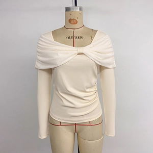 Women Off Shoulder Mesh Bow Knit Top French Vintage Viscose Elastane Twist Ruched Long Sleeve T-Shirt Slim Fit Elegant Apricot