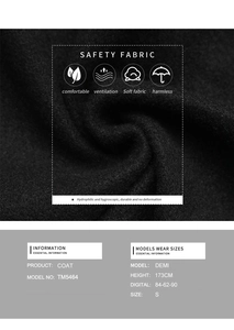 Vue détaillée du tissu en laine et guide des tailles pour le gilet long noir femme