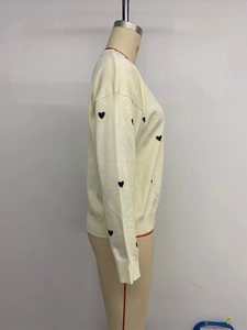 Close-up of heart pattern embroidery and ribbed knit texture on cream sweater