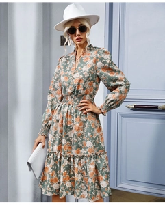 Close-up of V-neck button design and floral print on long sleeve dark green midi dress