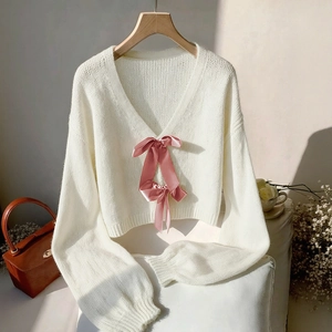 Schicker cremeweißer V-Ausschnitt Strickcardigan mit rosa Satinschleifen und langen Ärmeln