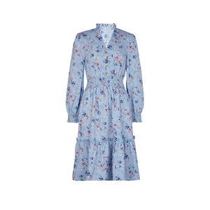 Detail of light blue floral dress with V-neckline, ruffles, and buttons on the front