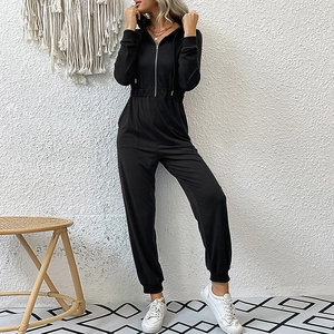 Women's casual black hooded long sleeve jumpsuit with zipper and drawstring waist