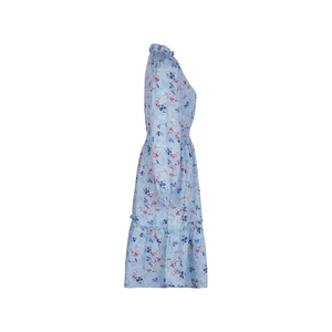 Detail of light blue floral dress with stand collar, ruffle trim and elastic cuffs