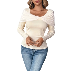 Slim fit long sleeve off-shoulder knitted top with mesh ruffle detail in cream