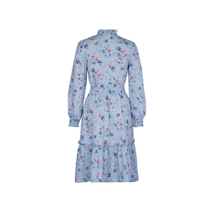 Detail view showing elastic waist and ruffled cuffs on long sleeve floral midi dress