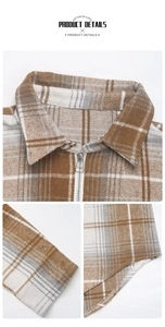 Detail of zipper closure and collar on brown plaid shirt with premium stitching