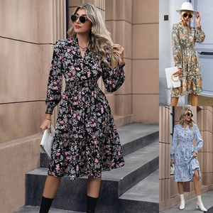 French Rural Style V-Neck Long Sleeve Floral Midi Dress Women Smocked Waist Ruffle Tiered Spring Autumn Casual Dress