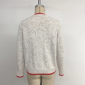 Back view of cream confetti knit cardigan with contrasting red ribbed trim and crew neck