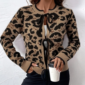 Cardigan in maglia da donna con stampa leopardata e fiocchi frontali a maniche lunghe