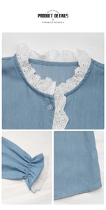 Detail showing white lace collar and ruffled elastic cuffs on blue puff sleeve shirt