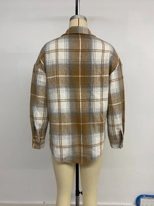 Back view of a casual plaid shacket with drop shoulder design and brown checkered pattern
