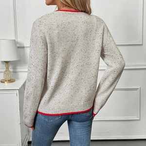 Women's oatmeal colorblock knit cardigan with red contrast trim and round neck