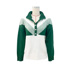 Women Retro Color Block Knitted Sweater Polo Collar Long Sleeve Geometric Patchwork Pullover Top Fall Winter Casual Knitwear