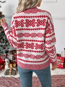 Rear view of Christmas knit sweater with Nordic patterns in festive holiday setting