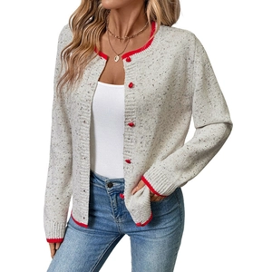 Women's color block knit cardigan with red heart buttons and contrasting trim
