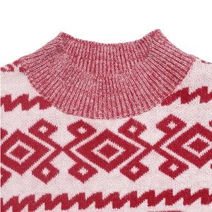 Detail showing the ribbed round neckline and pink geometric knit pattern on the sweater