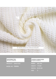 Detail of white chunky knit sweater texture with size chart and model measurements