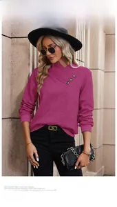 Detail of waffle-knit fabric on magenta long sleeve top with three-button neckline