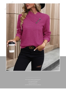 Detail of rose pink long sleeve top with textured diamond knit and buttoned V-neckline