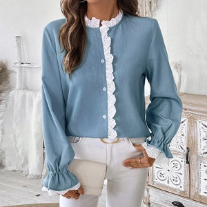 Women Lace Stitching Puff Sleeve Blouse Light Blue Long Sleeve Casual Shirt With Ruffle Cuff Button Up Elegant Top