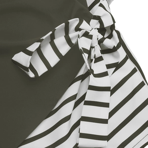 Detailed view of striped waist tie bow on the olive green contrast V-neck shirt