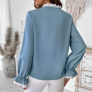 Elegant light blue long sleeve shirt with white lace patchwork on cuffs and neckline