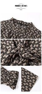 Detail of ruffled stand collar and tie-bow on beige leopard print long sleeve shirt